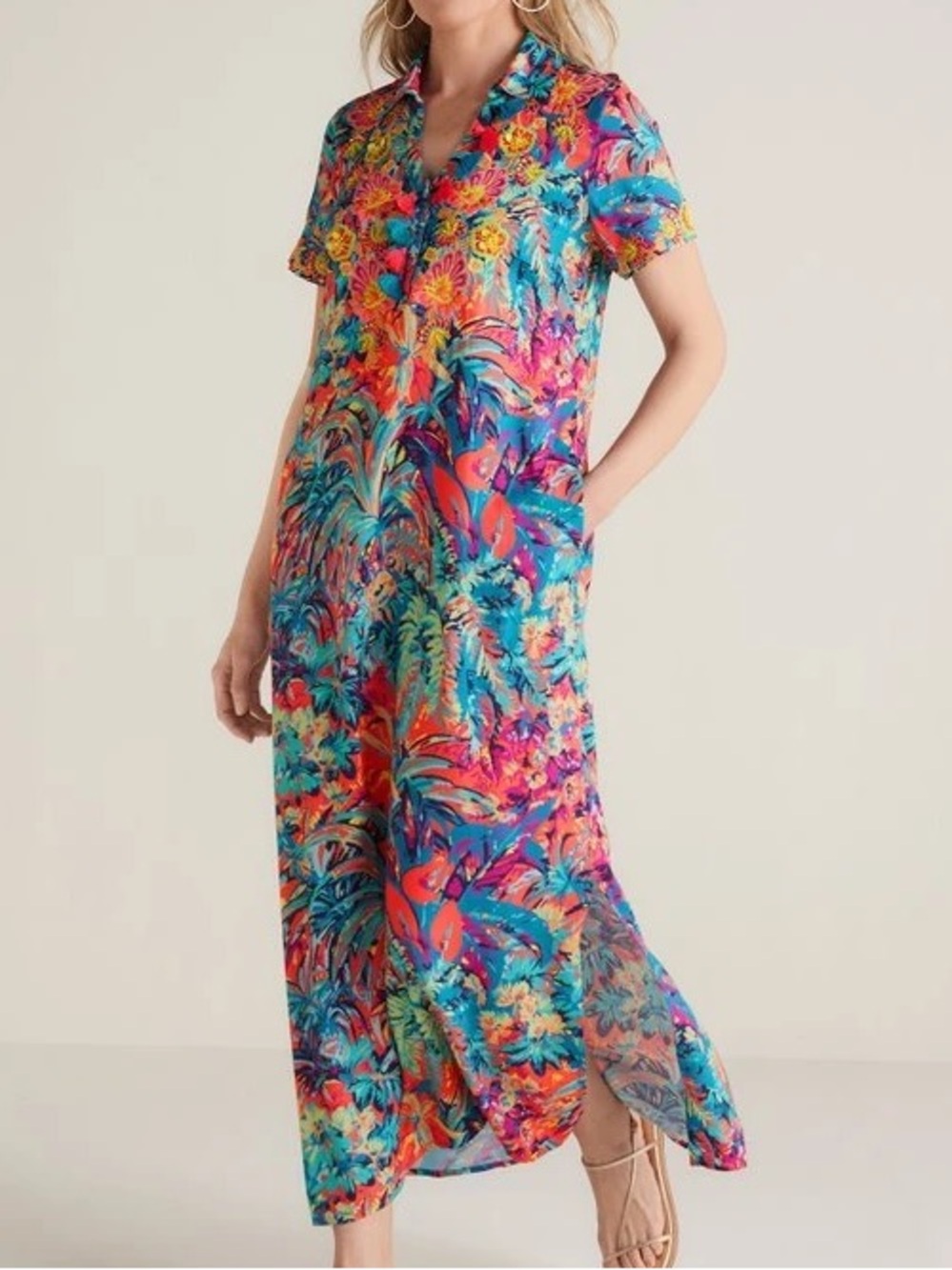 Soft Surroundings PL Colorful Tropical Embellished Florence Maxi Shirt Dress NWT
